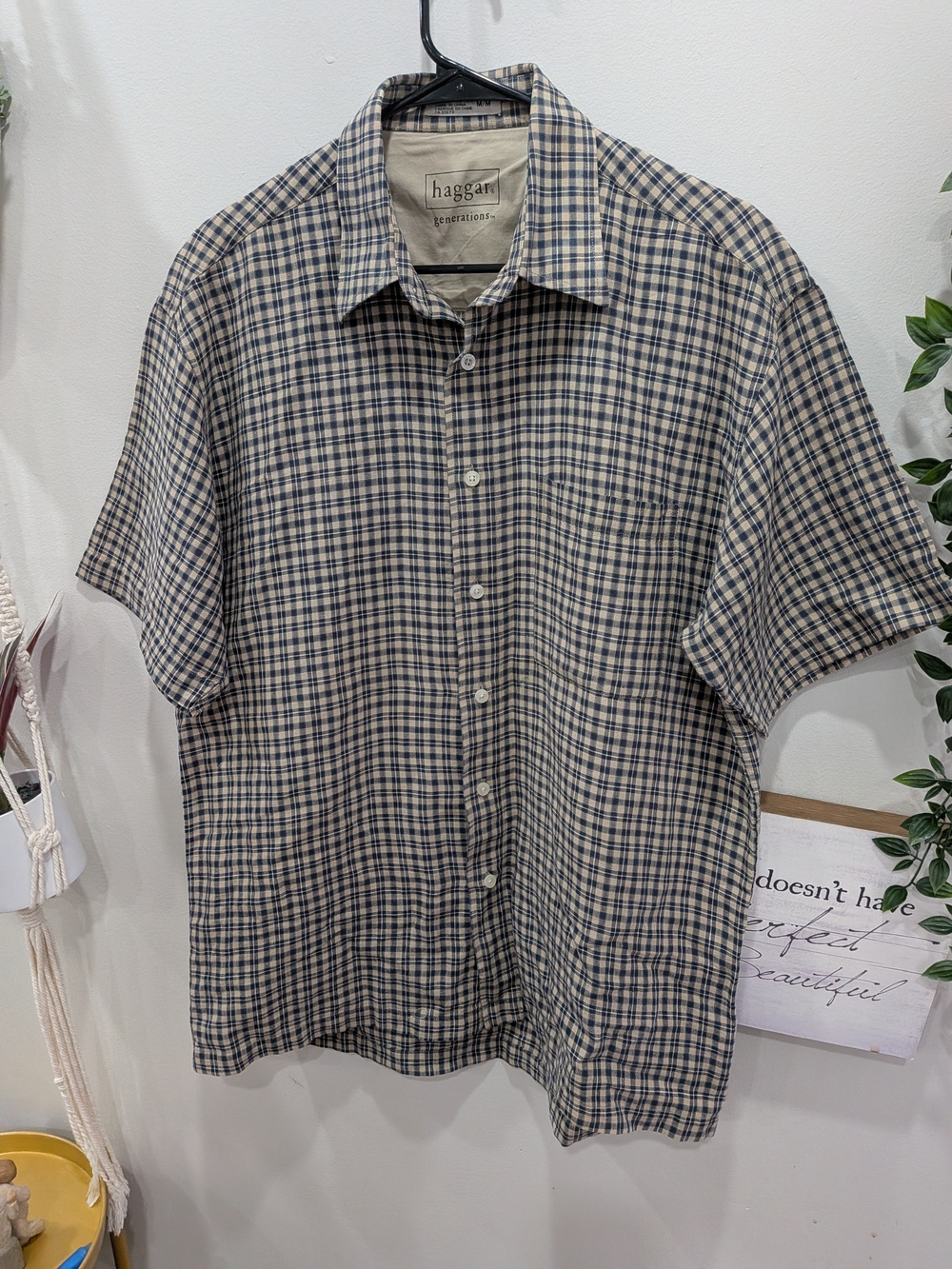 Haggar Linen Cotton Blend  Short Sleeve Plaid Button-Up Shirt in Beige and Navy